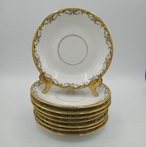 Vignaud Limoges Meuse 24k Gold Trim Floral Tea Saucers Set 8 Antique Vintage